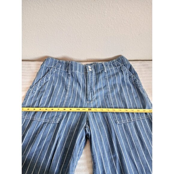 Seven7 Womens Pants 14 Pinstriped Wide Leg Cropped Chambray Patch Pocket Beachy - Picture 12 of 16